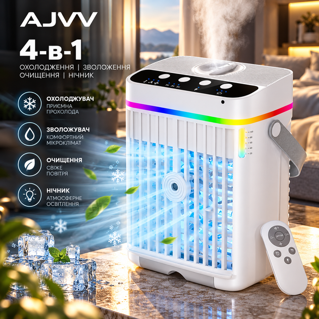 Портативный охладитель воздуха AJVV 4-в-1, 10 Вт, 1250 мл, USB-C, 3 скорости, увлажнитель и ночник, белый - изображение 2