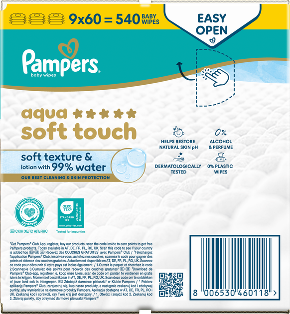 Набір вологих серветок Pampers Aqua Soft Touch 9 x 60 шт (8006530460118) - зображення 7