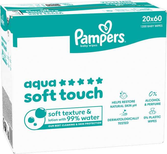Набір вологих серветок Pampers Aqua Soft Touch 20 x 60 шт (8006530460095) - зображення 4
