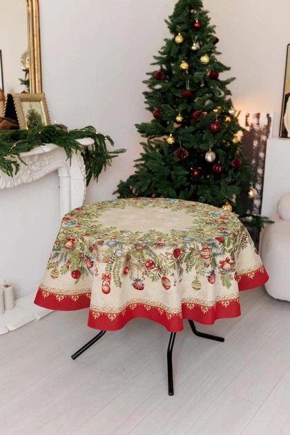 Круглая новогодняя скатерть РОЖДЕСТВЕНСКИЕ ИГРУШКИ, D160см ПРОВАНС 047047 - изображение 2