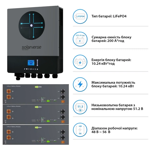 Система зберігання енергії Solarverse SV-1SV8K1-LEC15K1-1 8kW 15.4kWh 3BAT LiFePO4 ≥6000 циклов - зображення 5