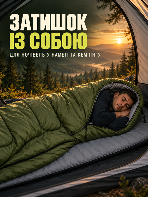 Спальний мішок CampNest зимовий до −5 °C, спальник ковдра з капюшоном 210×75 см, зелений із сірою підкладкою - зображення 8
