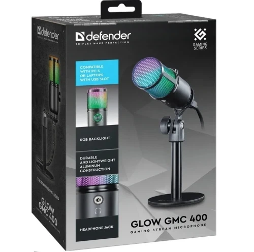 Мікрофон Defender Glow GMC 400, Black, USB, конденсаторний, RGB підсвічування, підставка, 1.3 м (64640) - Фото 5 Мікрофон Defender Glow GMC 400, Black, USB, конденсаторний, RGB підсвічування, підставка, 1.3 м (64640) - зображення 5