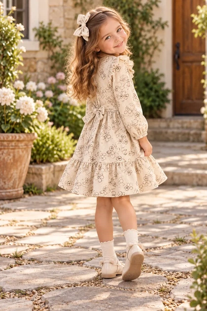 Сукня вельветова Little Bloom Беж квіти 98 см - Фото 2 Сукня вельветова Little Bloom Беж квіти 98 см - изображение 2