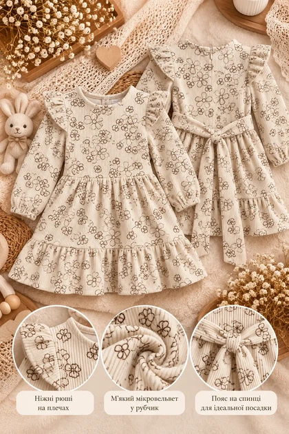 Сукня вельветова Little Bloom Беж квіти 110 см - изображение 3