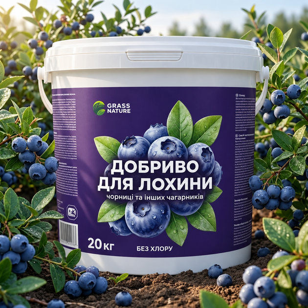 Добриво для лохини GrassNature NPK 11-5-11 з сіркою, 20 кг – підкислює ґрунт - Фото 1 Добриво для лохини GrassNature NPK 11-5-11 з сіркою, 20 кг – підкислює ґрунт - зображення 1