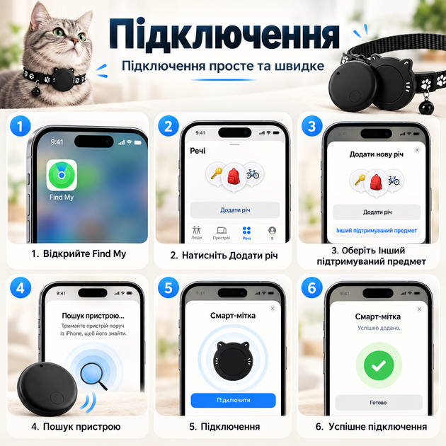 Ошейник для кота со смарт трекером Apple Find My для iPhone, беспроводной поиск, светоотражающие элементы - изображение 2
