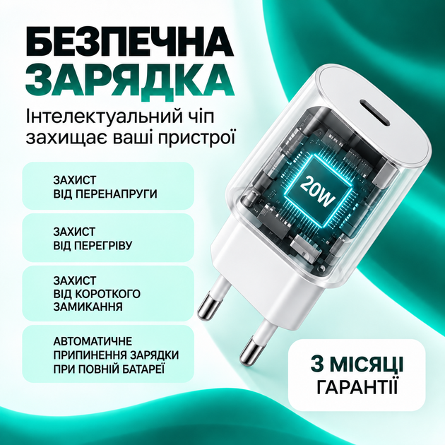 Быстрая зарядка для айфона 18 17 16 15 Pro Max Plus Air 17e 16e блок питания для айфона 20W блок питания Type-C Power Delivery PD адаптер питания кабель USB-C Type-C зарядка для айпада iPad iPhone AirPods Samsung Power Adapter комплект - изображение 2