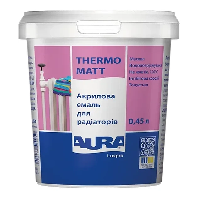 Матова акрилова емаль для радіаторів AURA Luxpro Thermo Matt Білий 0.45 л - Фото 1 Матова акрилова емаль для радіаторів AURA Luxpro Thermo Matt Білий 0.45 л - зображення 1