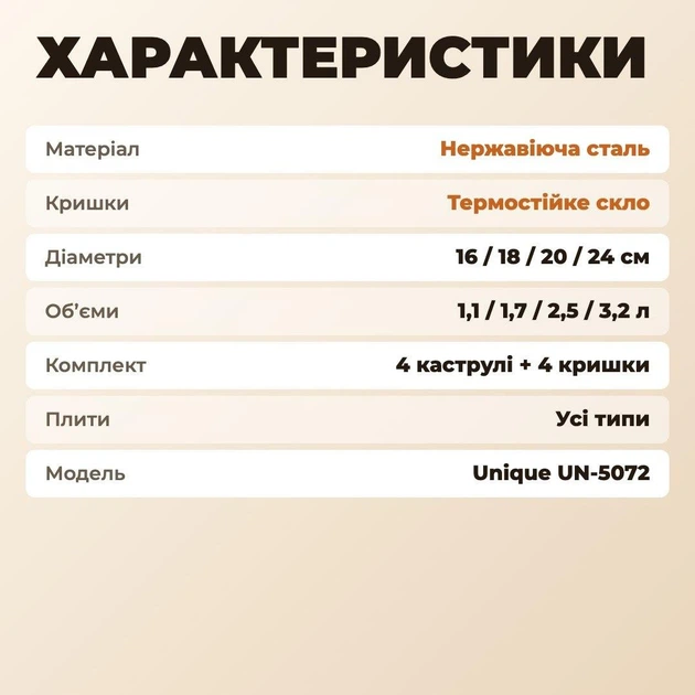 Набор посуды из нержавеющей стали Unique 8 предметов кастрюли 1.1 1.7 2.5 3.2 л стеклянные крышки для индукционной плиты - Фото 6 Набор посуды из нержавеющей стали Unique 8 предметов кастрюли 1.1 1.7 2.5 3.2 л стеклянные крышки для индукционной плиты - изображение 6