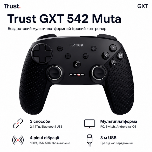 Беспроводной геймпад Trust GXT 542 Muta 2.4GHz Bluetooth для ПК и Nintendo Switch Черный (24790) - изображение 2