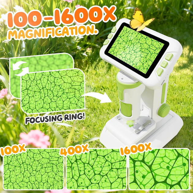 Цифровой микроскоп детский 1600X, IPS экран 4 дюйма, камера 1080P, 6 LED, аккумулятор, 3 в 1, подключение к ПК - Фото 2 Цифровой микроскоп детский 1600X, IPS экран 4 дюйма, камера 1080P, 6 LED, аккумулятор, 3 в 1, подключение к ПК - изображение 2