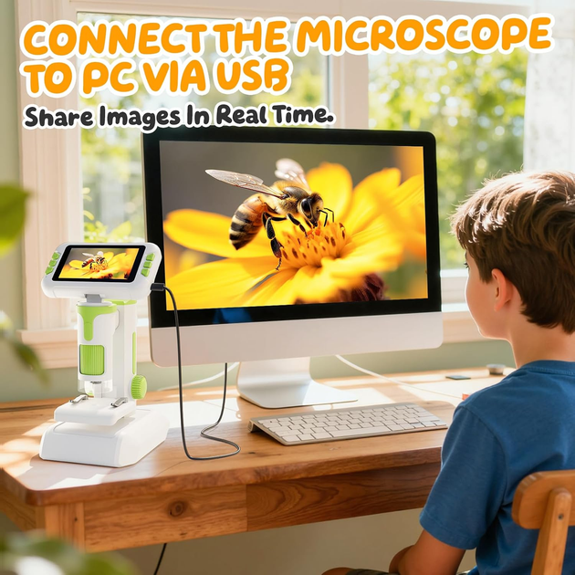 Цифровой микроскоп детский 1600X, IPS экран 4 дюйма, камера 1080P, 6 LED, аккумулятор, 3 в 1, подключение к ПК - Фото 4 Цифровой микроскоп детский 1600X, IPS экран 4 дюйма, камера 1080P, 6 LED, аккумулятор, 3 в 1, подключение к ПК - изображение 4