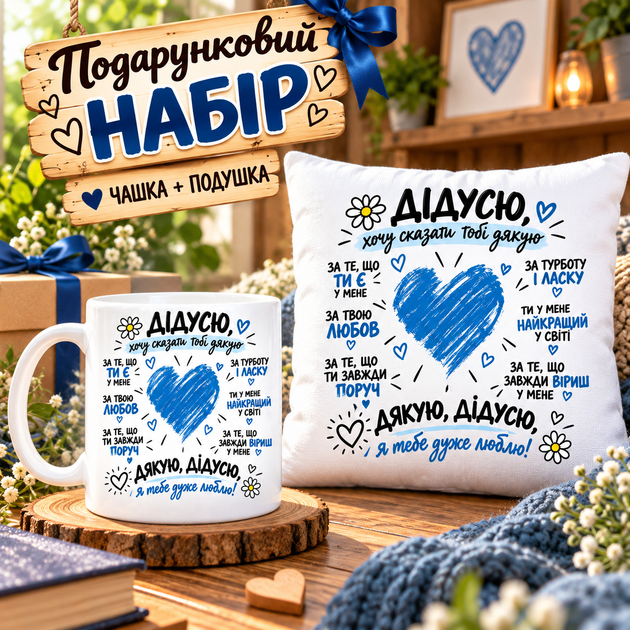 Подарочный набор для дедушки «Спасибо, дедушка, я тебя очень люблю» — чашка 330 мл и подушка 35×35 см - Фото 1 Подарочный набор для дедушки «Спасибо, дедушка, я тебя очень люблю» — чашка 330 мл и подушка 35×35 см - изображение 1