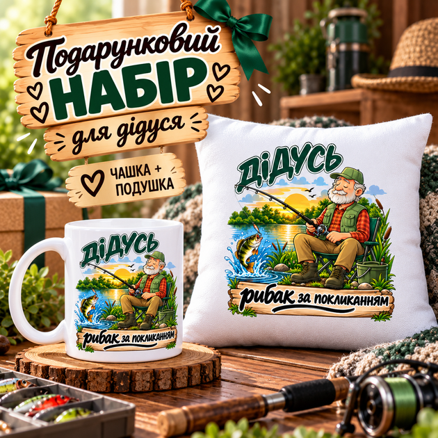 Подарочный набор для дедушки-рыбака «Рыбак по призванию» — чашка 330 мл и подушка 35×35 см - Фото 1 Подарочный набор для дедушки-рыбака «Рыбак по призванию» — чашка 330 мл и подушка 35×35 см - изображение 1