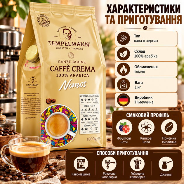 Кофе в зернах Tempelmann Nomos Caffe Crema 1 кг 100% арабика темной обжарки фруктовые цветочные ноты для кофемашины кофеварки джезвы - Фото 3 Кофе в зернах Tempelmann Nomos Caffe Crema 1 кг 100% арабика темной обжарки фруктовые цветочные ноты для кофемашины кофеварки джезвы - изображение 3