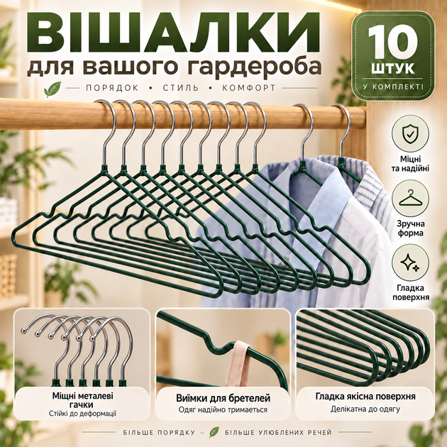 Набір вішалок-плічок для одягу 10 шт, 40×20 см, 40 г, протиковзкі, з металевим гачком KT9004020 - зображення 4