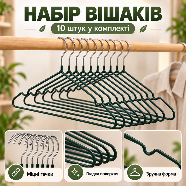 Набір вішалок-плічок для одягу 10 шт, 40×20 см, 40 г, протиковзкі, з металевим гачком KT9004020 - зображення 6
