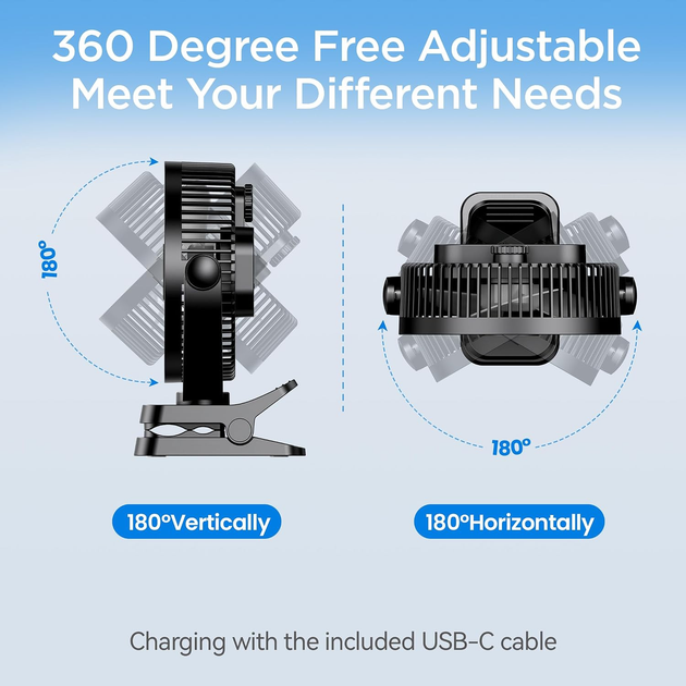 Портативный вентилятор EasyAcc DJ10 10000 мА·ч, 4 скоростей, дисплей, USB-C, крепление 3-в-1, чёрный - Фото 7 Портативный вентилятор EasyAcc DJ10 10000 мА·ч, 4 скоростей, дисплей, USB-C, крепление 3-в-1, чёрный - изображение 7