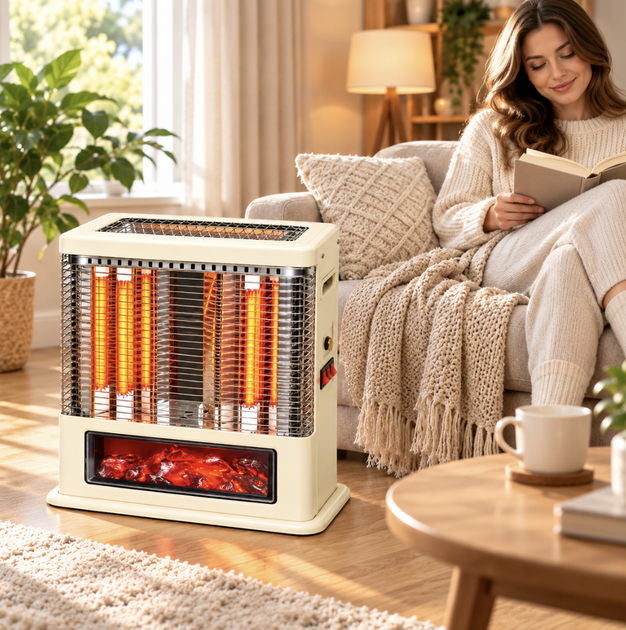 Инфракрасный обогреватель CR191F Radiant Heater 1800 Вт, карбоновый кварцевый с эффектом камина, напольный, бежевый - изображение 6