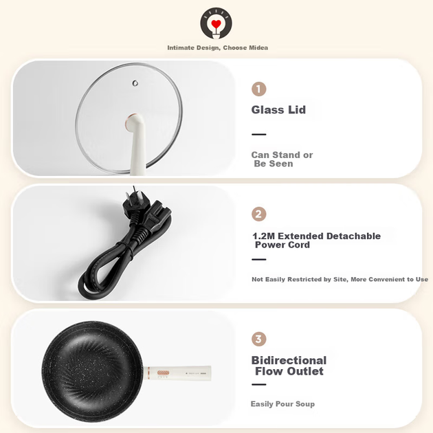 Midea Electric Wok, електрична плита, електрична пароварка, побутова електрична гаряча каструля, електрична каструля для приготування їжі, багатофункціональна невелика електрична каструля об'ємом 4 л для смаження, тушкування, приготування локшини, універс - изображение 7