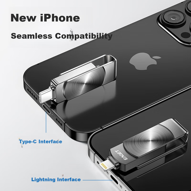 USB-флеш-накопичувач EAGET 512 ГБ з інтерфейсом Lightning/Type-C для телефонів Apple та Android, офіційний сертифікований MFI Apple, резервне копіювання однією клавішею для телефону та комп'ютера, подвійного використання, чорний - зображення 4