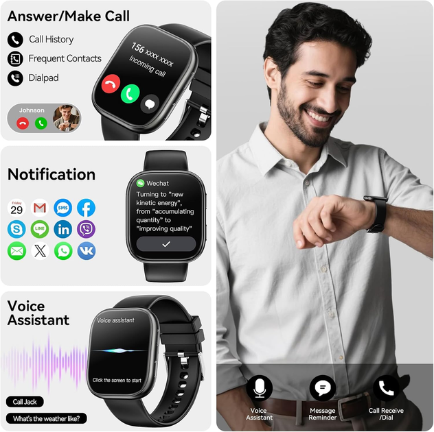 Смарт-годинник MingTawn 1.83″ з Bluetooth-дзвінками, пульсометром, SpO₂, моніторингом сну, 100+ спортрежимами, IP67, Android/iOS - зображення 4