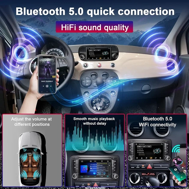 Автомагнитола Fiat 500 2007–2015, 7″ сенсорный экран, беспроводной Apple CarPlay и Android Auto, Bluetooth, USB, DSP - изображение 5