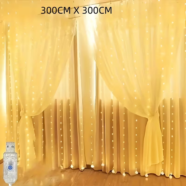 Світлодіодна гірлянда штора 3*3м 300LED USB c Пультом для декору вікон вулиці водонепроникний теплий білий - зображення 3
