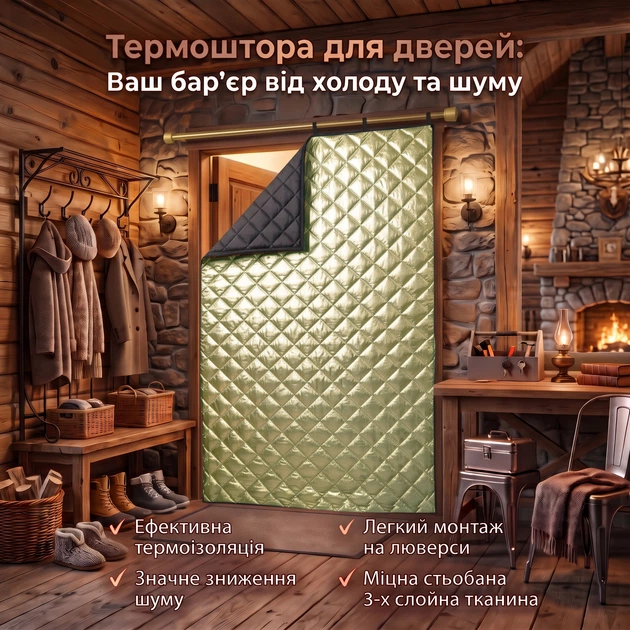 Термоштора на двери 120х210 см (1.2х2.1 м) на люверсах, захисна стьобана штора від холоду з набором кріплень - изображение 2