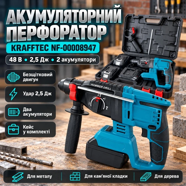 Дрель перфоратор беспроводной KRAFFTEC ударное сверление долбление металла кладки дерева LED подсветка зарядка - Фото 1 Дрель перфоратор беспроводной KRAFFTEC ударное сверление долбление металла кладки дерева LED подсветка зарядка - изображение 1