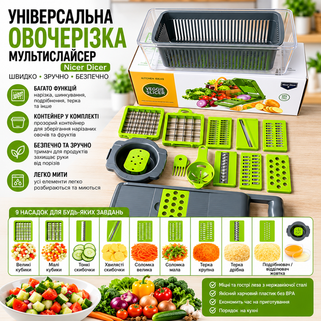 Универсальная овощерезка-мультислайсер Nicer Dicer 1857 с контейнером и сменными насадками для нарезки кубиками, ломтиками - изображение 7