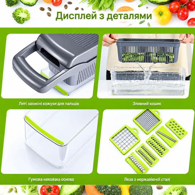 Универсальная овощерезка-мультислайсер Nicer Dicer 1857 с контейнером и сменными насадками для нарезки кубиками, ломтиками - изображение 6
