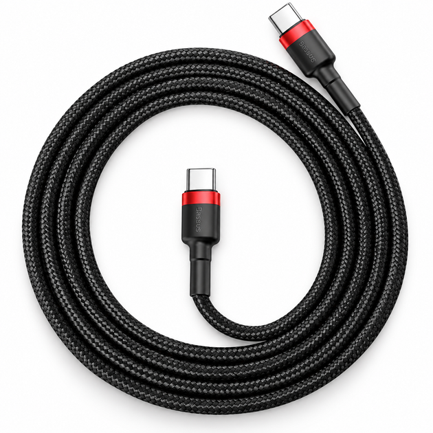 Кабель Baseus Cafule USB Type-C to Type-C 60W 3A 1 м, Black/Red - Фото 2 Кабель Baseus Cafule USB Type-C to Type-C 60W 3A 1 м, Black/Red - изображение 2