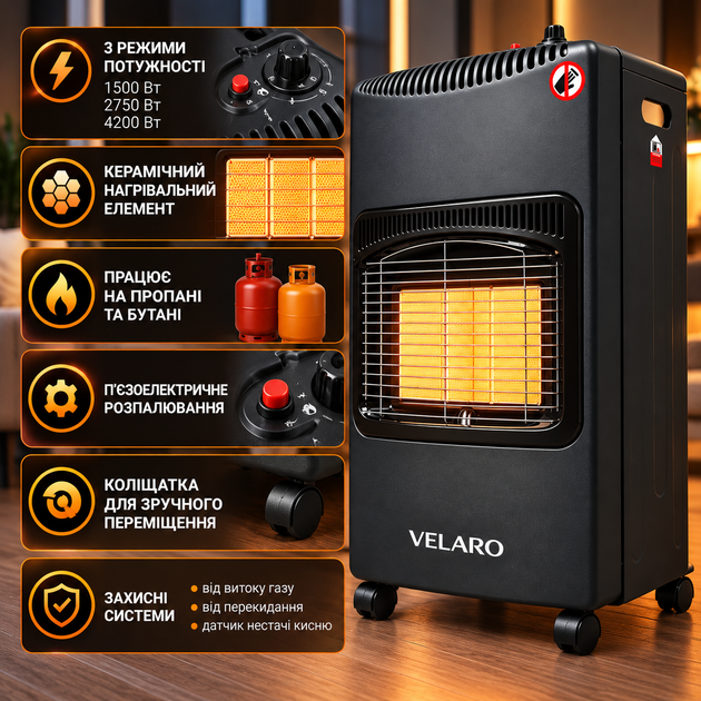 Газовый обогреватель VELARO Flex VL-401 4200 Вт 3 режима с редуктором и шлангом Портативный инфракрасный обогреватель для дома - изображение 2