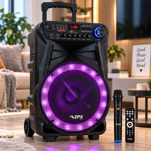 Акустическая система ZPX портативная 12 дюймов Bluetooth TWS с аккумулятором караоке беспроводным микрофоном LED подсветкой - изображение 7