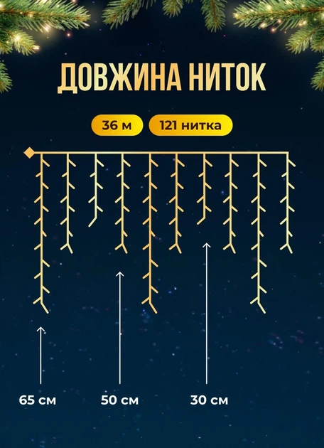 Гирлянда бахрома уличная светодиодная 600 LED длина 36 м степень защиты IP44 питание от сети белый провод жёлтое праздничное сияние новогодняя иллюминация для подсветки фасада окон и балкона - Фото 2 Гирлянда бахрома уличная светодиодная 600 LED длина 36 м степень защиты IP44 питание от сети белый провод жёлтое праздничное сияние новогодняя иллюминация для подсветки фасада окон и балкона - изображение 2