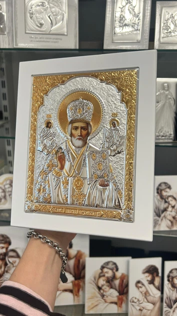 Ікона Святого Миколая срібна з позолотою на білому дереві (17,8 х 21,9 см) Ekklesia 6693/3W - зображення 4