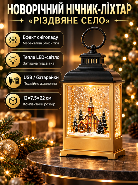 Нічник ліхтар новорічний WDL-23018D Різдвяне село LED тепле біле світло ефект снігопаду USB батарейки 12х7,5х22 см декоративний для ялинки столу полиці комода вітальні спальні - Фото 1 Нічник ліхтар новорічний WDL-23018D Різдвяне село LED тепле біле світло ефект снігопаду USB батарейки 12х7,5х22 см декоративний для ялинки столу полиці комода вітальні спальні - зображення 1