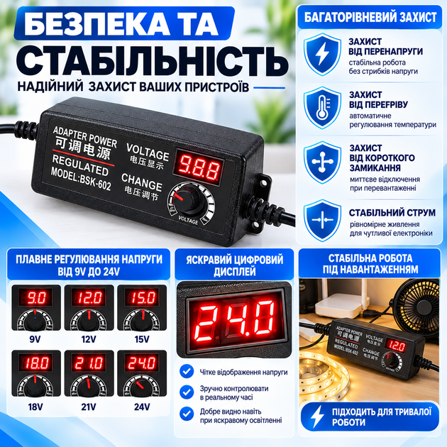 Регулируемый блок питания BSK-602 (9-24V, 3A, 72W) с цифровым дисплеем и плавной регулировкой напряжения - изображение 5