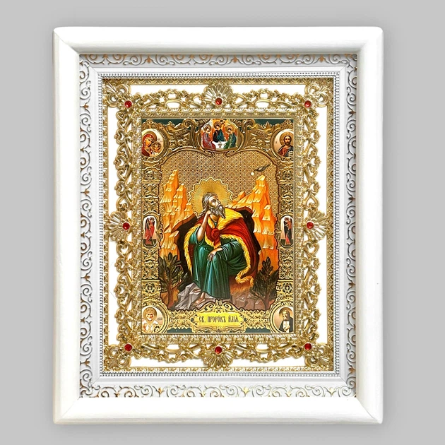 Ікона пророк Ілля святий, лик 15х18 см, у білому кіоті з камінням - Фото 1 Ікона пророк Ілля святий, лик 15х18 см, у білому кіоті з камінням - зображення 1