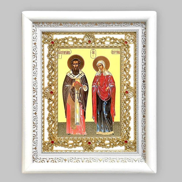 Ікона Кіпріян та Іустина святі мученики, лик 15х18 см, у білому кіоті з камінням - Фото 1 Ікона Кіпріян та Іустина святі мученики, лик 15х18 см, у білому кіоті з камінням - зображення 1