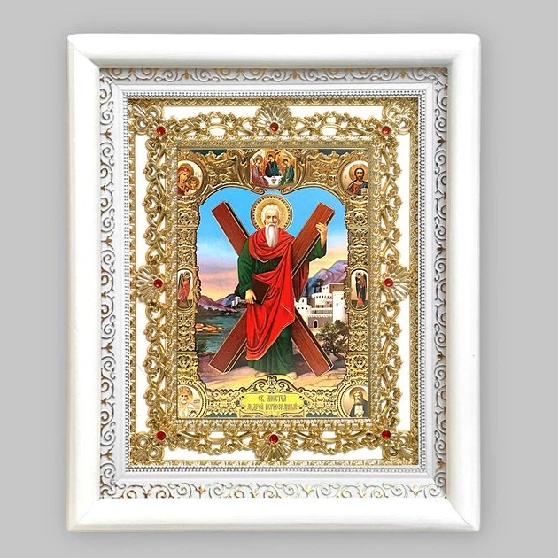 Ікона Андрій Первозваний святий священномученик, лик 15х18 см, у білому кіоті з камінням - Фото 1 Ікона Андрій Первозваний святий священномученик, лик 15х18 см, у білому кіоті з камінням - зображення 1
