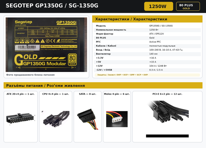Блок питания Segotep GP1350G SG-1350G 1250W 80 PLUS Gold модульный Б/У - изображение 4