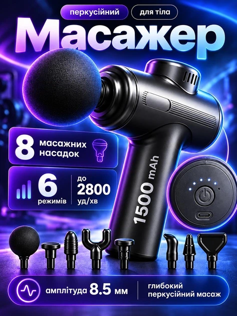 Перкусійний масажер для тіла пістолет для лиця бустер 1500mAh вібромасажер для спини рук ніг від целюліту ручний 6 режимів 8 насадок чорний (0278-0001) - Фото 1 Перкусійний масажер для тіла пістолет для лиця бустер 1500mAh вібромасажер для спини рук ніг від целюліту ручний 6 режимів 8 насадок чорний (0278-0001) - зображення 1