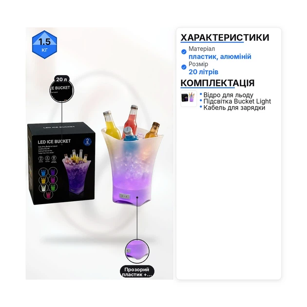 Відро для льоду світиться, підключається по Bluetooth Bucket Light 20 20 л, 1,5 кг (51087-33767_350) - Фото 5 Відро для льоду світиться, підключається по Bluetooth Bucket Light 20 20 л, 1,5 кг (51087-33767_350) - изображение 5