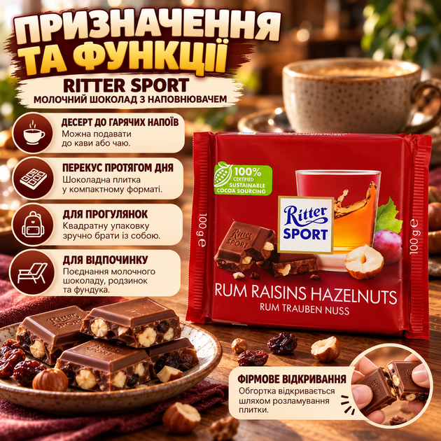 Молочный шоколад Ritter Sport с ароматным ямайским ромом калифорнийским изюмом и орехами 100 г - изображение 3