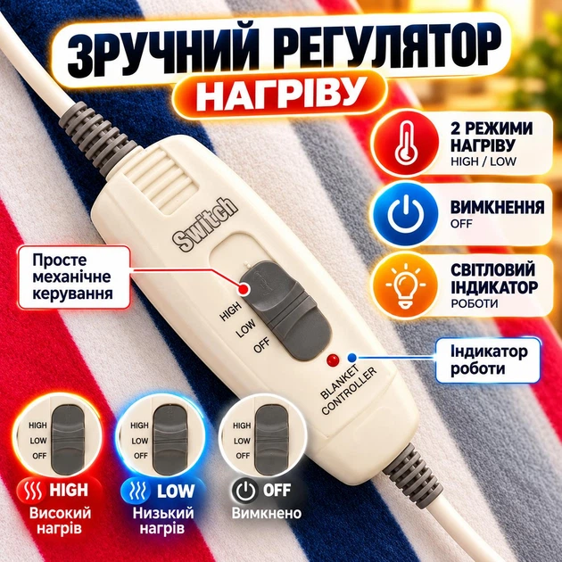 Электропростынь с подогревом 90х160 см 45 Вт с регулятором температуры 2 режима цветные полосы - Фото 3 Электропростынь с подогревом 90х160 см 45 Вт с регулятором температуры 2 режима цветные полосы - изображение 3