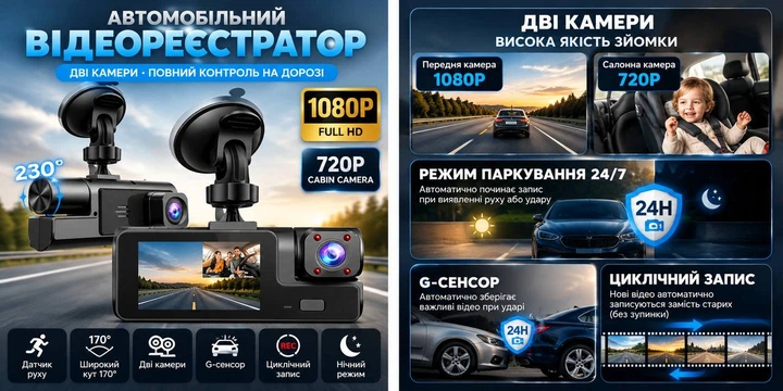 Автомобільний відеореєстратор D53S з двома камерами 1080P Full HD + 720P, кут огляду 170°, нічна зйомка, G-сенсор, датчик руху, режим паркування - зображення 2