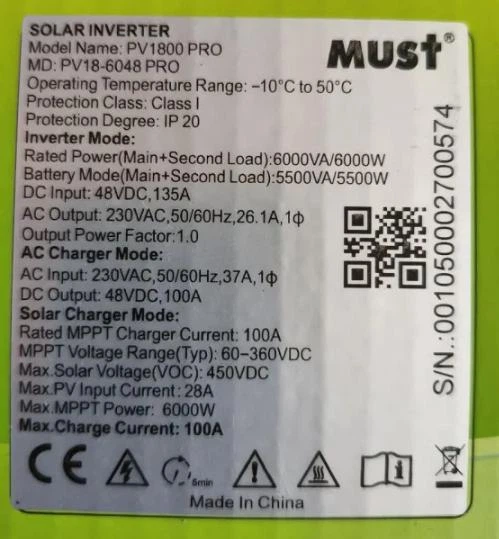 Комплект резервного питания MUST 6 кВт / 5,12 кВт*ч гибридный инвертор PV18-6048PRO + аккумулятор LiFePO4 LP16-48100 51,2 В 100 А*ч - изображение 12